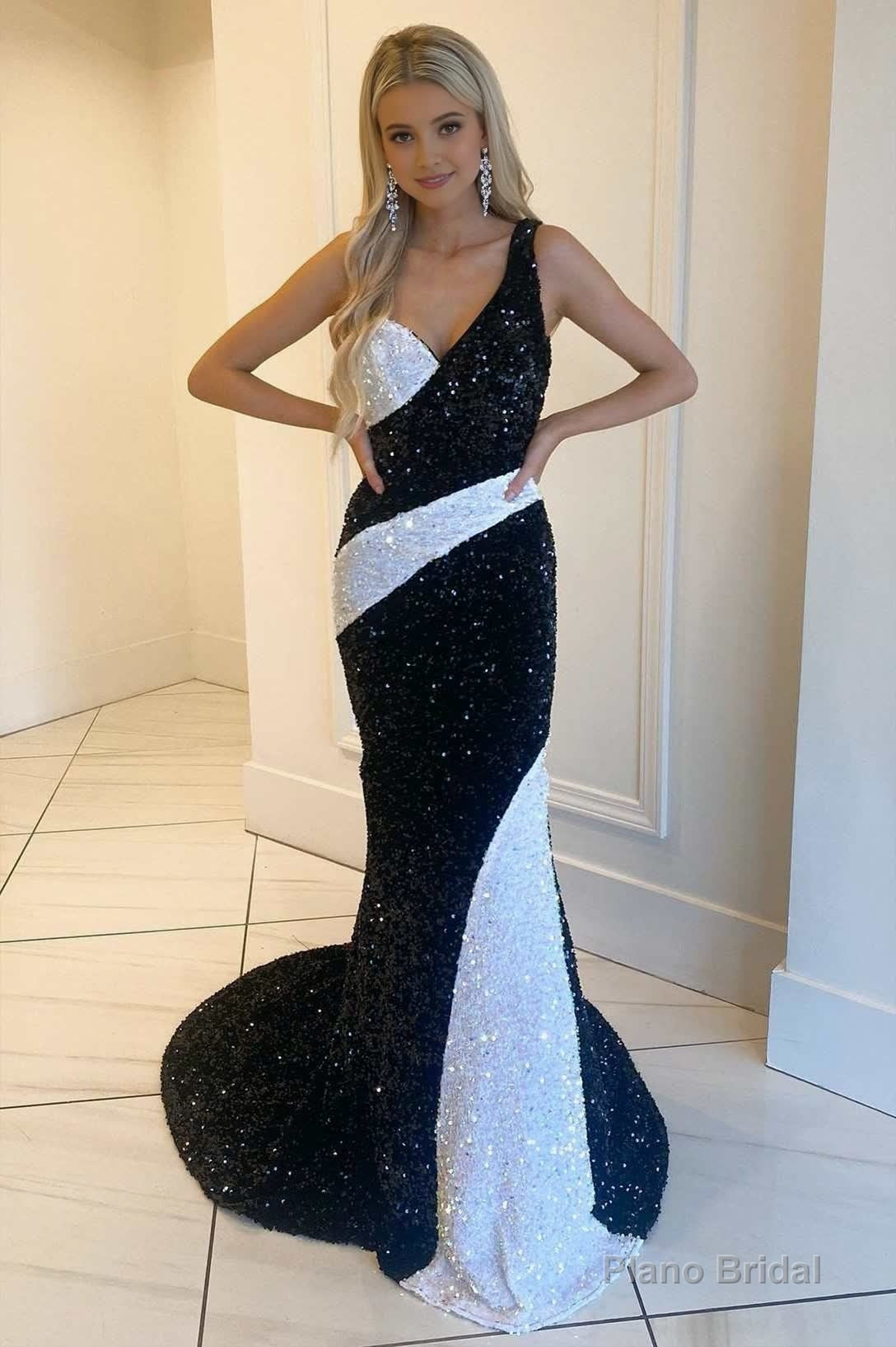 Black and White Sequin One-Shoulder Mermaid Long Prom Gowm Main image