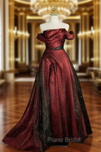 Black and Wine Red Satin Off Shoulder Formal Dresses, A-line Long Formal Prom Dresses