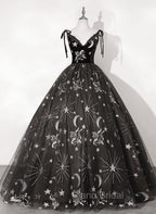 Black Ball Gown Floral V-neckline Straps Sweet 16 Dresses, Black Tulle Formal Dresses