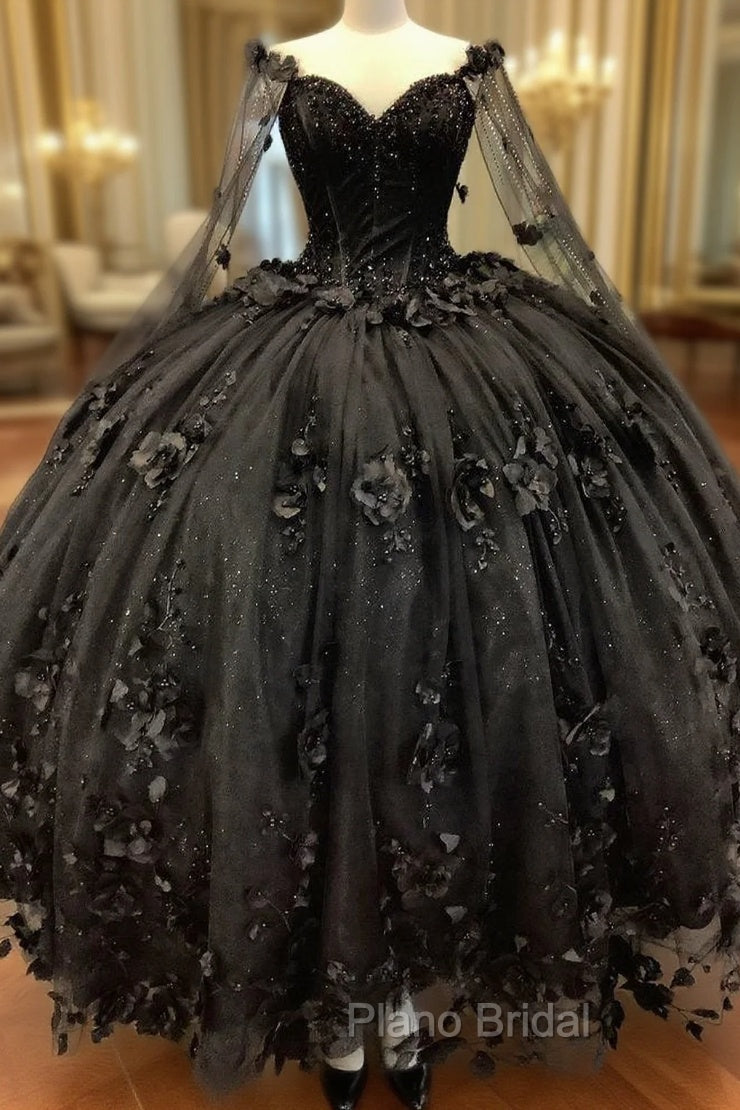 Black Ball Gown Quinceanera Dresses with Flowers