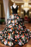 Black Ball Gown Satin Lace Print V-neck Formal Prom Dresses With Beading