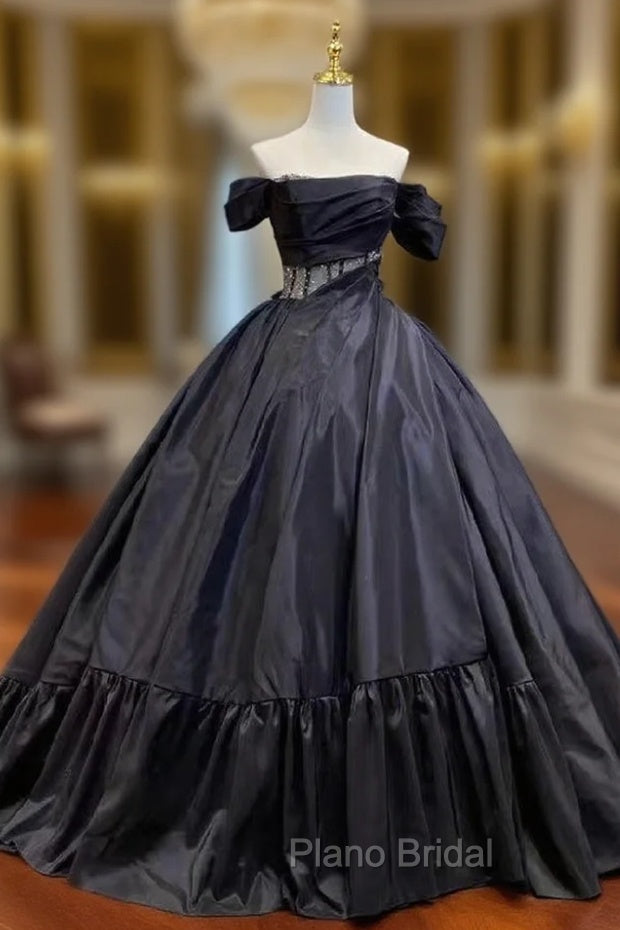 Black Ball Gown Satin Off the Shoulder Wedding Dresses Main image