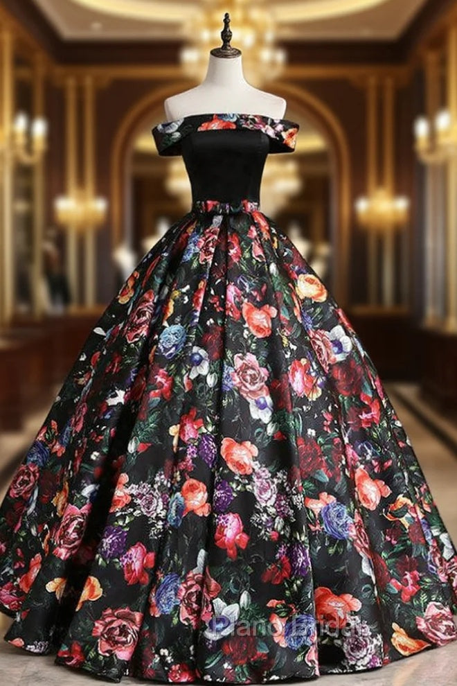 Black Ball Gown Satin Print Off the Shoulder Quinceanera Dresses