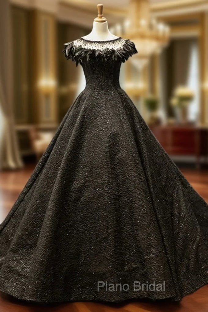Black Ball Gown Sequins Beading Bateau Formal Prom Dresses With Feather