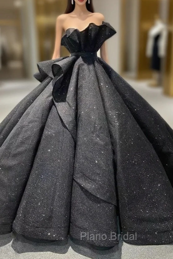 Black Ball Gown Sequins Strapless Formal Prom Dresses