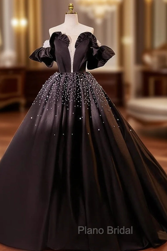 Black Ball Gown Short Sleeve Pearls Quinceanera Dresses