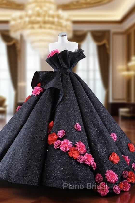 Black Ball Gown Strapless Flower Formal Prom Dresses Main image