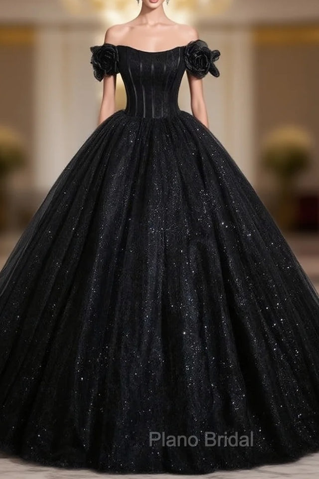 Black Ball Gown Tulle Sequins Off the Shoulder Quinceanera Dresses