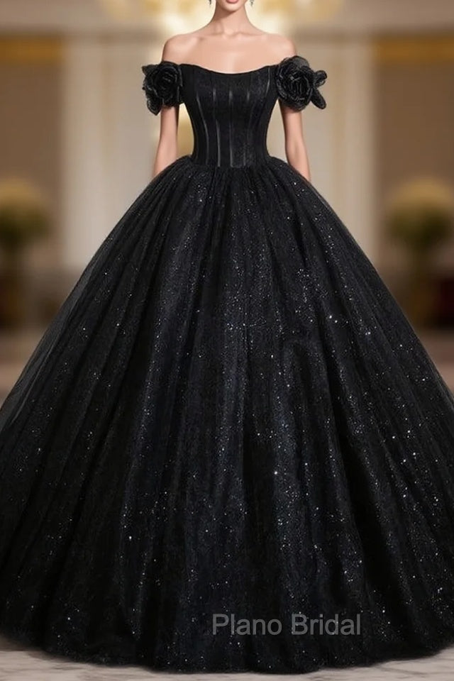 Black Ball Gown Tulle Sequins Formal Prom Dresses