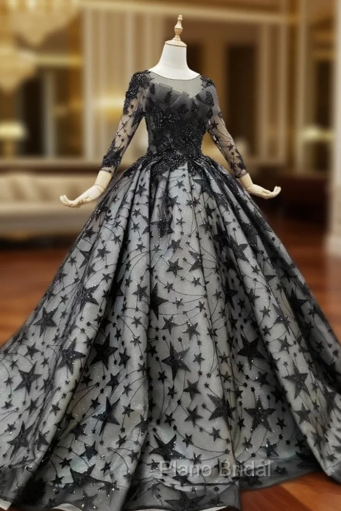 Black Ball Gown Tulle Star Sequins Long Sleeve Wedding Dresses