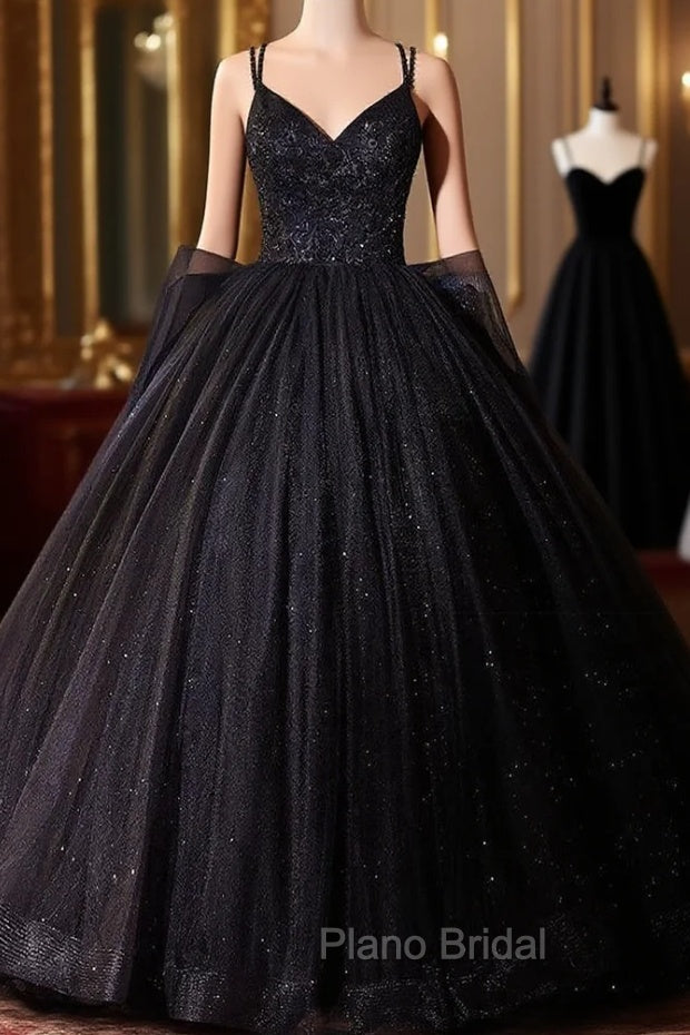 Black Ball Gown Tulle Straps Beading Quinceanera Dresses Main image