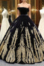Black Ball Gown Velvet Gold Appliques Backless Long Haute Couture Formal Prom Dresses