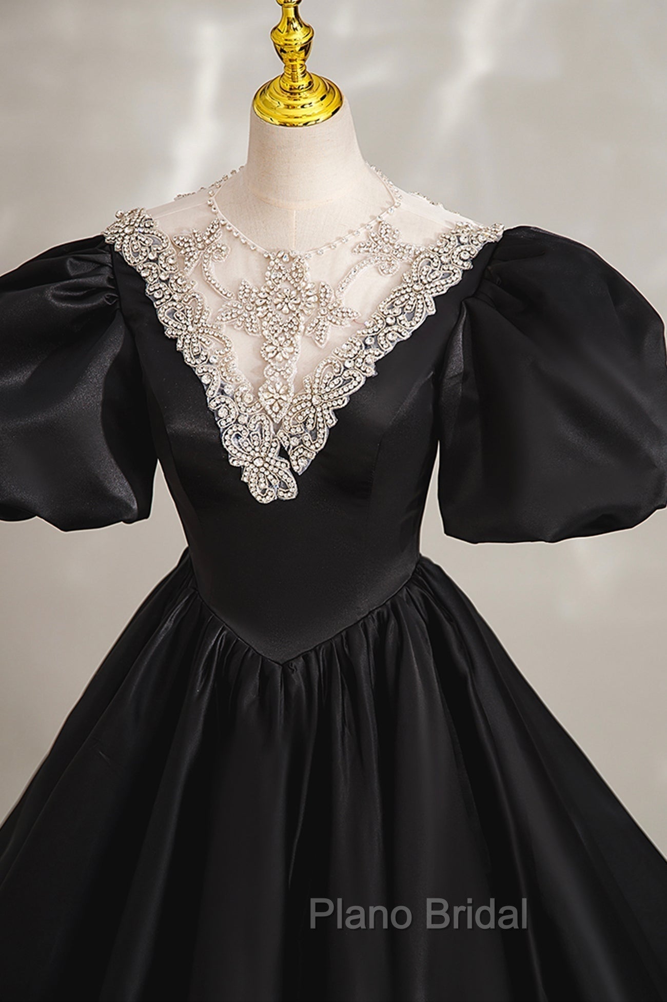 Black Ball Gown with Beaded, Black Short Sleeve Formal Evening Dresses