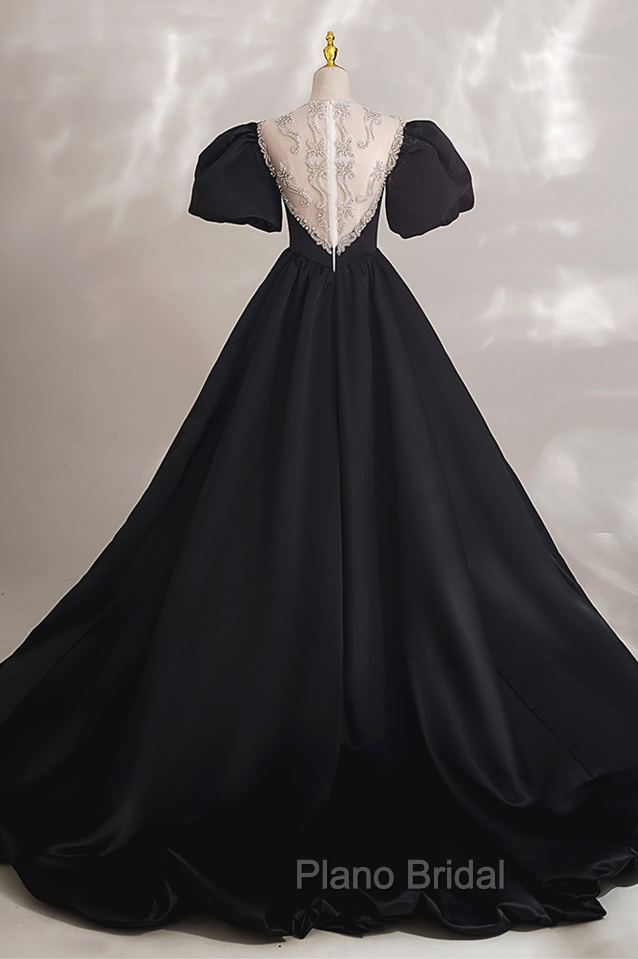 Black Ball Gown with Beaded, Black Short Sleeve Formal Evening Dresses