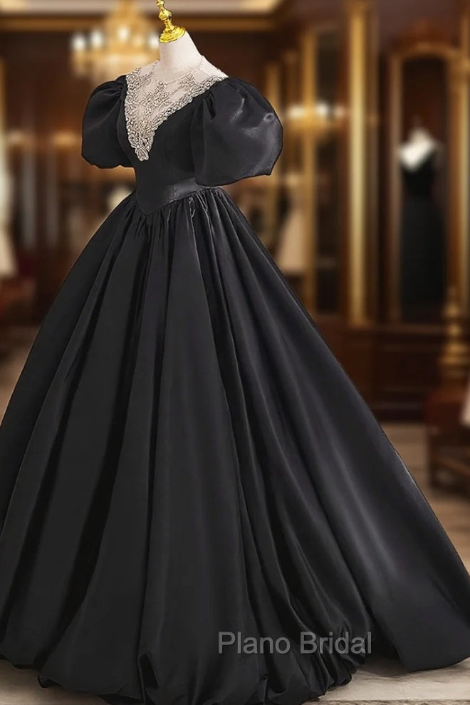 Black Ball Gown with Beaded, Black Short Sleeve Formal Evening Dresses