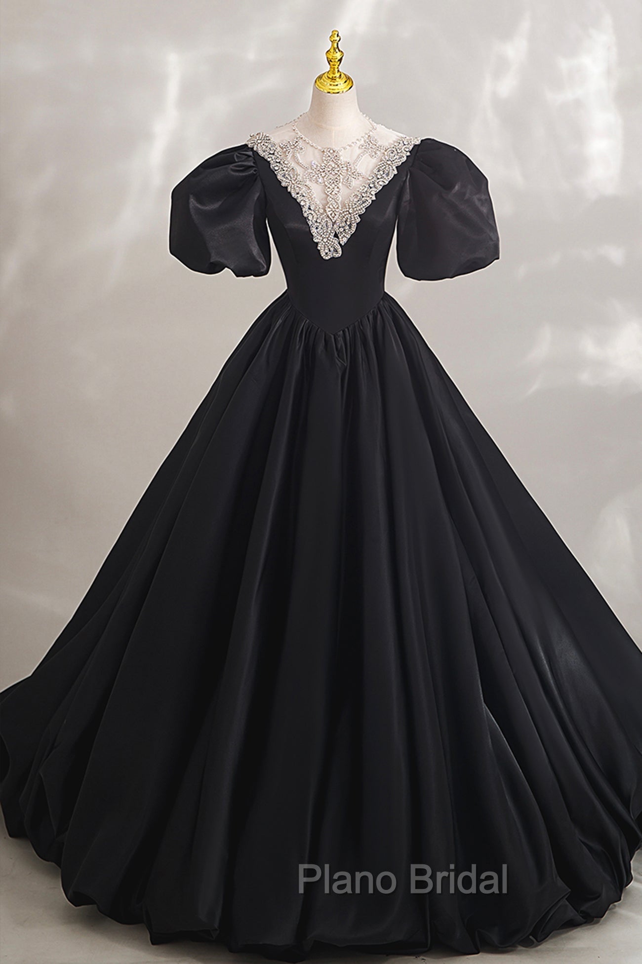 Black Ball Gown with Beaded, Black Short Sleeve Formal Evening Dresses