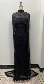 Black Beading Formal Prom Dresses Sweep Train High Neck Zipper Sleeveless Evening Dresses