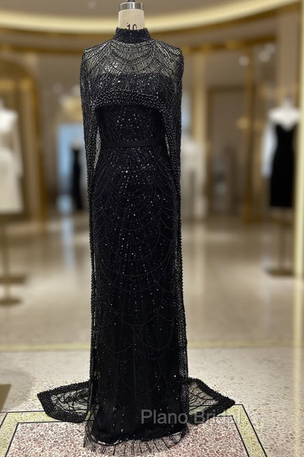 Black Beading Formal Prom Dresses Sweep Train High Neck Zipper Sleeveless Evening Dresses Main image