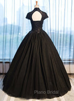 Black Cap Sleeves Long Tulle Party Dresses, Black Formal Prom Dresses
