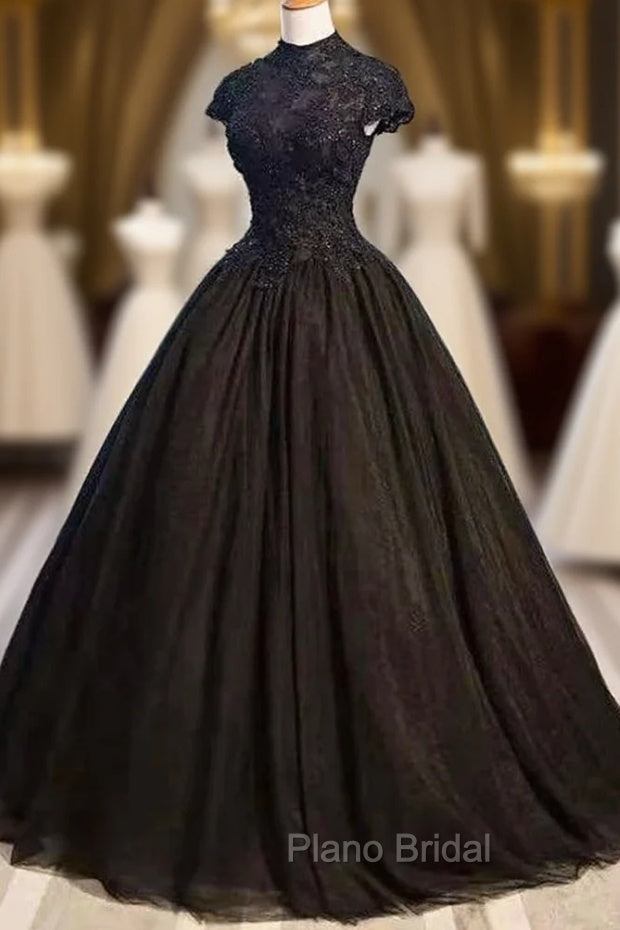 Black Cap Sleeves Long Tulle Party Dresses, Black Formal Prom Dresses