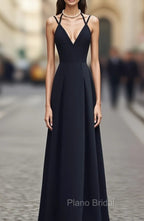 Black Chiffon Straps Long A-line Junior Formal Prom Dresses, Black Party Gowns