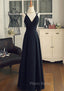 Black Chiffon Straps Long A-line Junior Formal Prom Dresses, Black Party Gowns