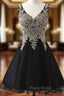 Black Chiffon V-neck Lace Appliques Beading Homecoming Dresses