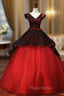 Black Dark Red Tulle V-neck Appliques Quinceanera Dresses