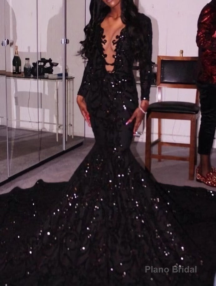 Black Deep V Neck Long Prom Dress , Mearmaid Prom Dress Main image