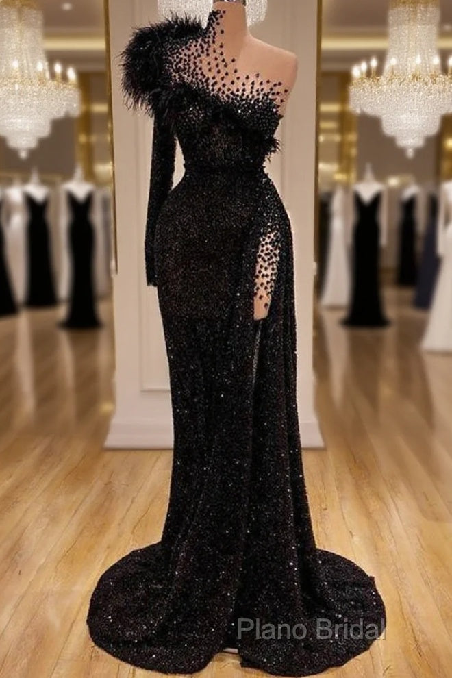 Black Formal Dresses High Neck Side Split Long Sleeve Mermaid Formal Prom Dresses Feather Beaded Sexy Special Occasion Gowns