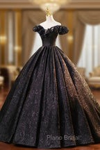 Black Floor Length V-neck Off the Shoulder Formal Dresses, Black A-Line Evening Dresses