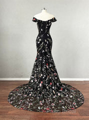 Black Floral Lace Mermaid Off Shoulder Long Party Dresses, Black Formal Dresses Formal Prom Dresses