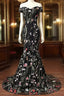 Black Floral Lace Mermaid Off Shoulder Long Party Dresses, Black Formal Dresses Formal Prom Dresses