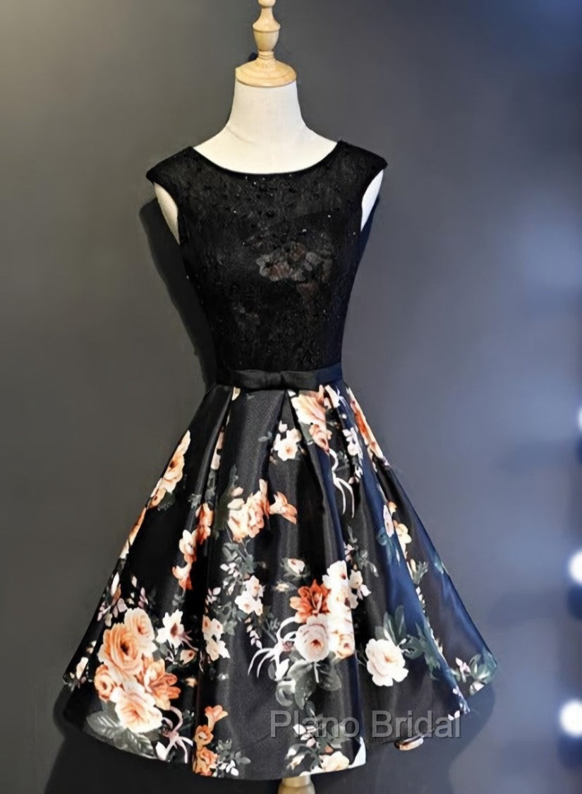 Black Floral Satin and Lace Round Neckline Short Party Dresses Formal Prom Dresses, Black Homecoming Dresses Main image