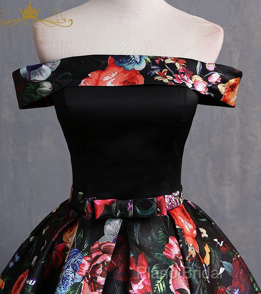 Black Floral Satin Off Shoulder Strapless Long Formal Prom Dresses, Formal Dresses Secondary image
