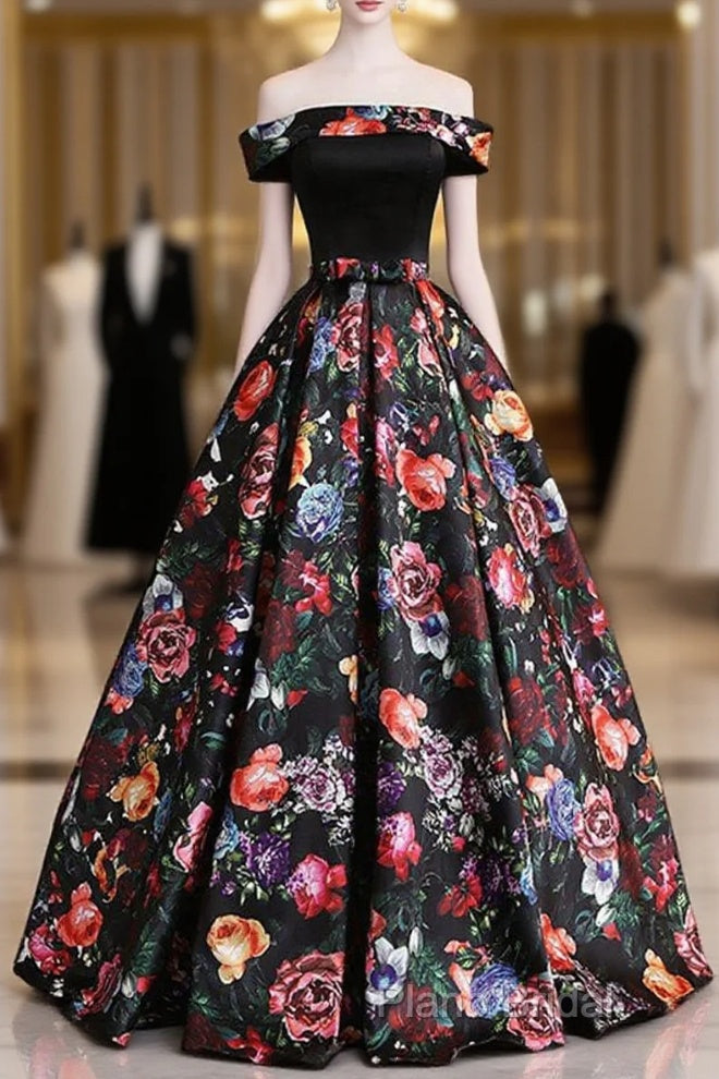 Black Floral Satin Off Shoulder Strapless Long Formal Prom Dresses, Formal Dresses Main image
