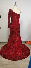 Black Girl Formal Prom Dresses One Shoulder Mermaid Red Formal Prom Dresses | Cheap Sequins Formal Gowns