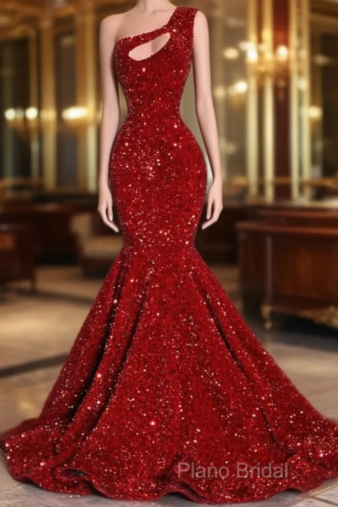 Black Girl Formal Prom Dresses One Shoulder Mermaid Red Formal Prom Dresses | Cheap Sequins Formal Gowns