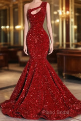 Black Girl Formal Prom Dresses One Shoulder Mermaid Red Formal Prom Dresses | Cheap Sequins Formal Gowns