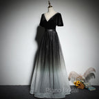 Black Gradient tulle and Velvet Short Sleeves V-neckline Tulle Party Dresses, Black Tulle Formal Prom Dresses