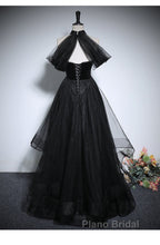 Black Haler Tulle And Velvet Long Formal Prom Dresses, Black A-Line Tulle Evening Dresses