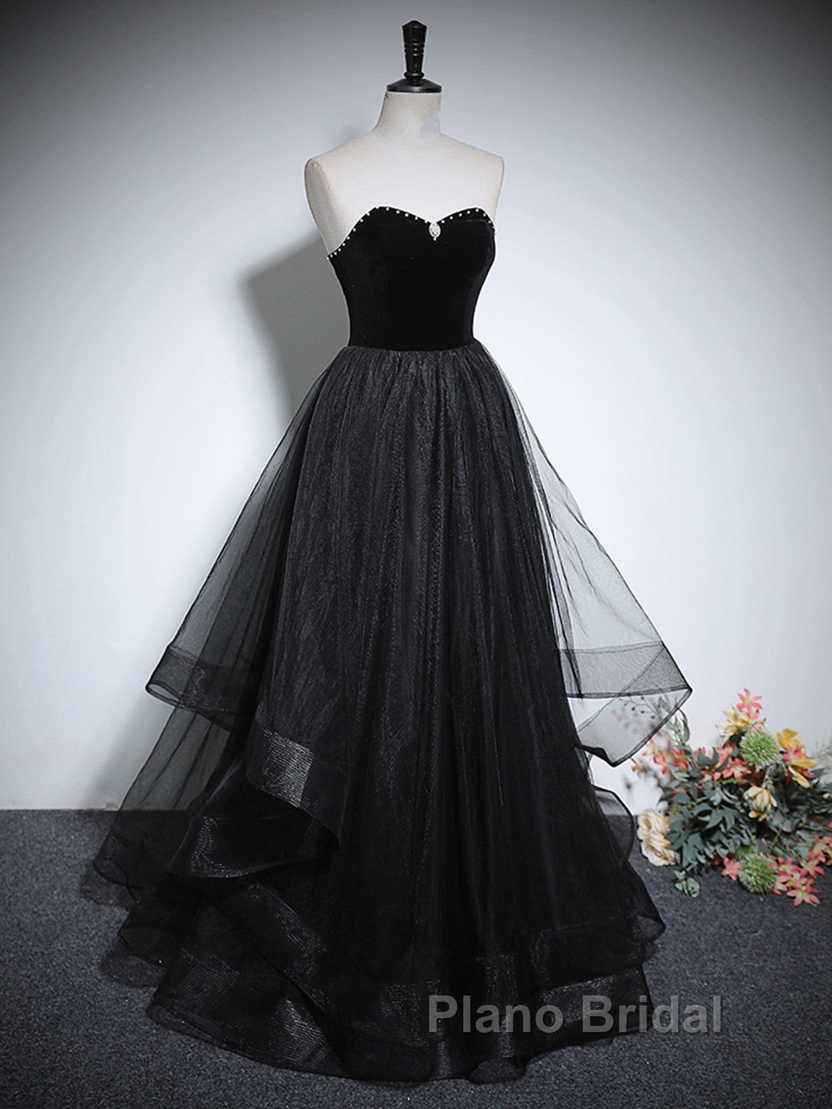 Black Haler Tulle And Velvet Long Formal Prom Dresses, Black A-Line Tulle Evening Dresses