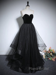 Black Haler Tulle And Velvet Long Formal Prom Dresses, Black A-Line Tulle Evening Dresses
