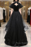 Black Haler Tulle And Velvet Long Formal Prom Dresses, Black A-Line Tulle Evening Dresses