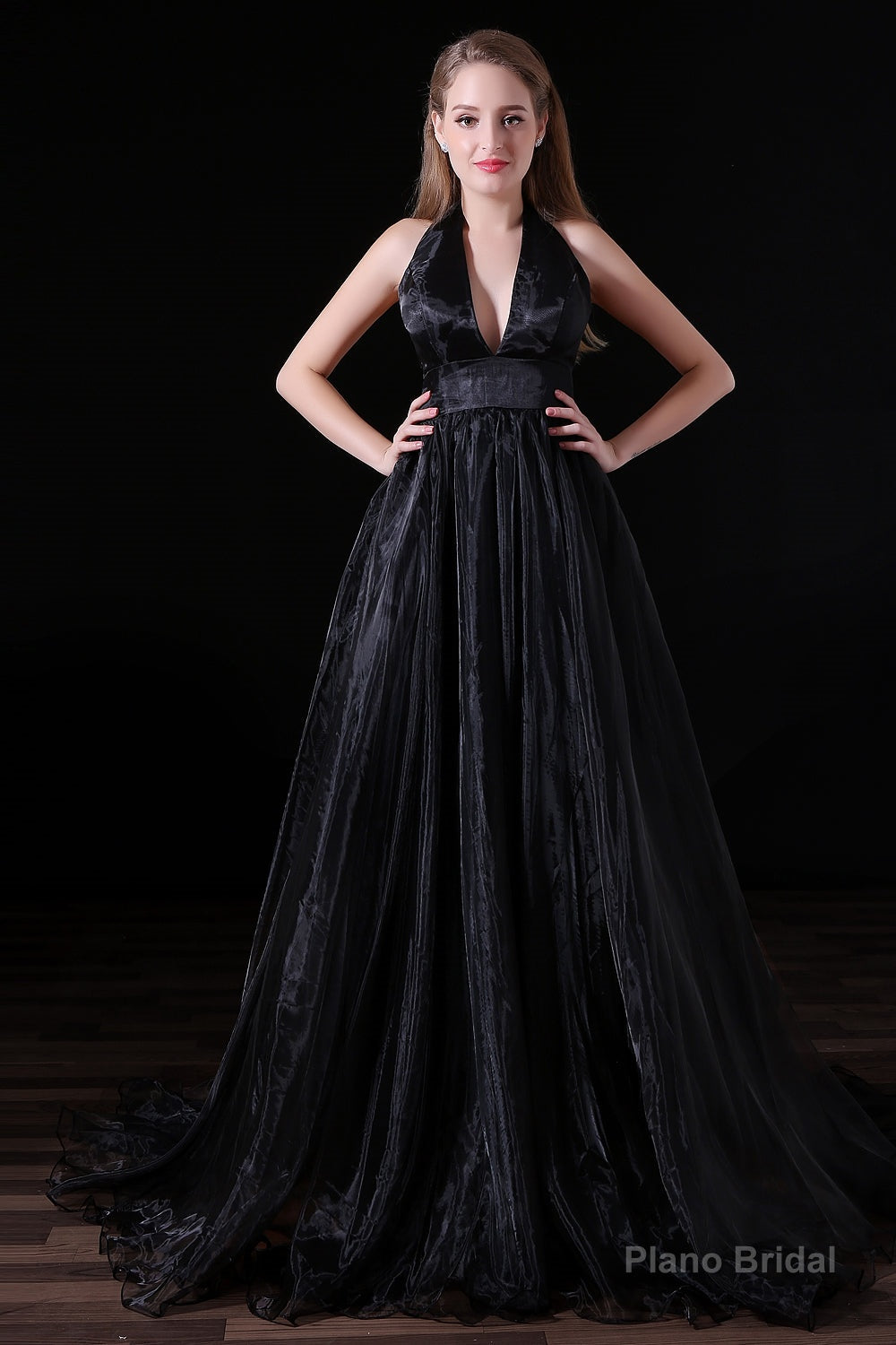 Black Halter Deep V neck Backless Tulle Floro Length Prom Dresses Main image