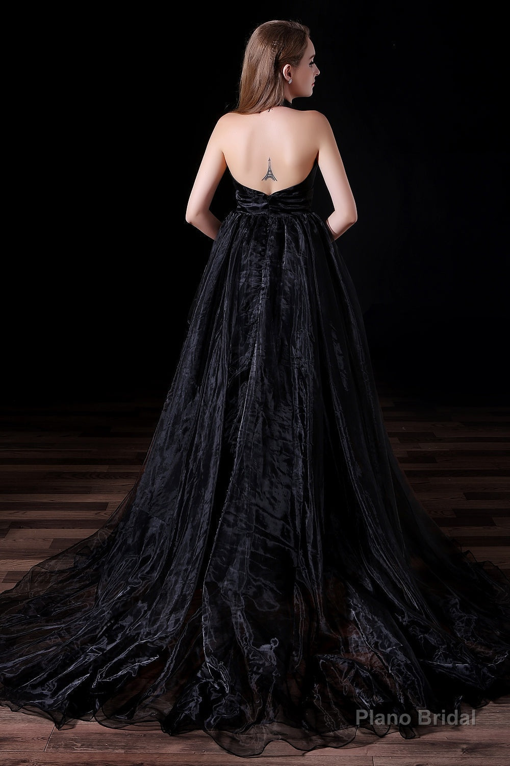 Black Halter Deep V neck Backless Tulle Floro Length Prom Dresses