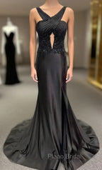 Black Halter Long Formal Prom Dresses with Corset Top and Slit Skirt