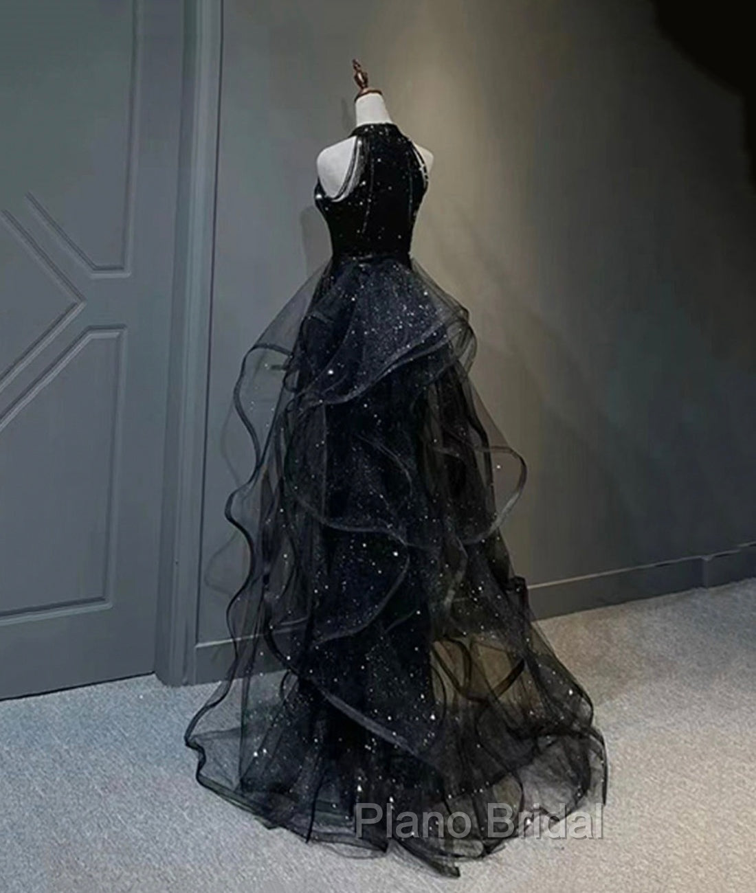 Black Halter Shiny Tulle Long Formal Prom Dresses, Black Tulle Evening Dresses with Sequins