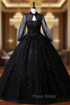 Black High Neckline Long Sleeves Tulle Sweet 16 Dresses, Black Ball Gown Formal Dresses