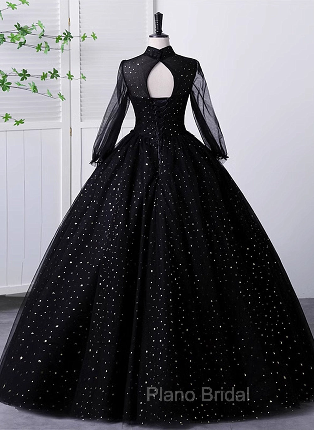 Black High Neckline Long Sleeves Tulle Sweet 16 Dresses, Black Ball Gown Formal Dresses